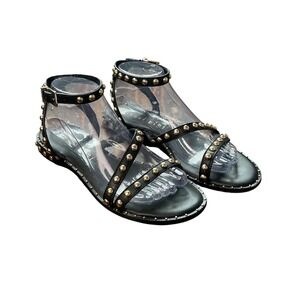 Gianni Bini Women Black Leather Gold Studded Gladiator Flat Sandals Size 8